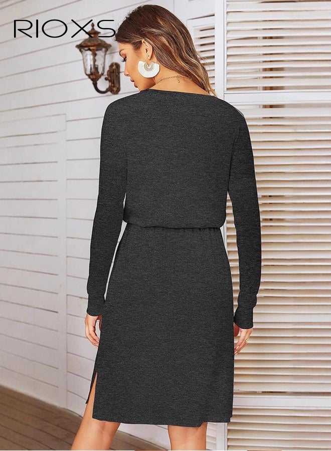 RIOXS ​​Women's Dark Grey Casual Dress, Mid-Length Work to Leisure Shift Dress, Round Neck Long Sleeve Pullover with Adjustable Drawstring, Flattering Hidden Waist Dress with Pockets, Comfortable Office to Weekend Dress, Essential Wardrobe Staple​ - Image 4