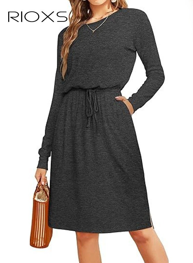 RIOXS ​​Women's Dark Grey Casual Dress, Mid-Length Work to Leisure Shift Dress, Round Neck Long Sleeve Pullover with Adjustable Drawstring, Flattering Hidden Waist Dress with Pockets, Comfortable Office to Weekend Dress, Essential Wardrobe Staple​ - Image 1