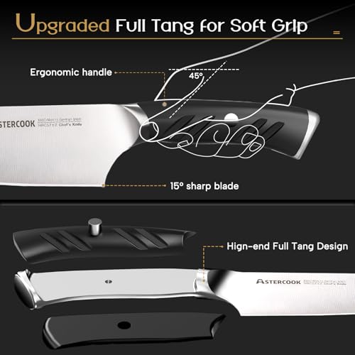 Astercook Knife Set, Kitchen Knives Set with Block and Dual Sharpener Full Tang 15 Pcs German Stainless Steel Knives Sharp Blade Dishwasher Safe Knife Set with Ergonomic Handle, Elegant Black - Image 3