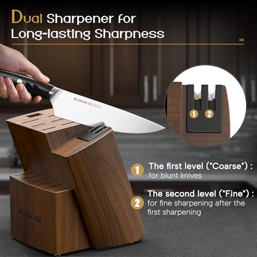 Astercook Knife Set, Kitchen Knives Set with Block and Dual Sharpener Full Tang 15 Pcs German Stainless Steel Knives Sharp Blade Dishwasher Safe Knife Set with Ergonomic Handle, Elegant Black - Image 4