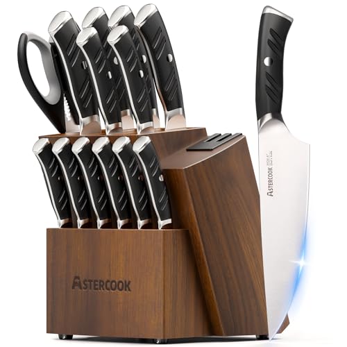 Astercook Knife Set, Kitchen Knives Set with Block and Dual Sharpener Full Tang 15 Pcs German Stainless Steel Knives Sharp Blade Dishwasher Safe Knife Set with Ergonomic Handle, Elegant Black - Image 1