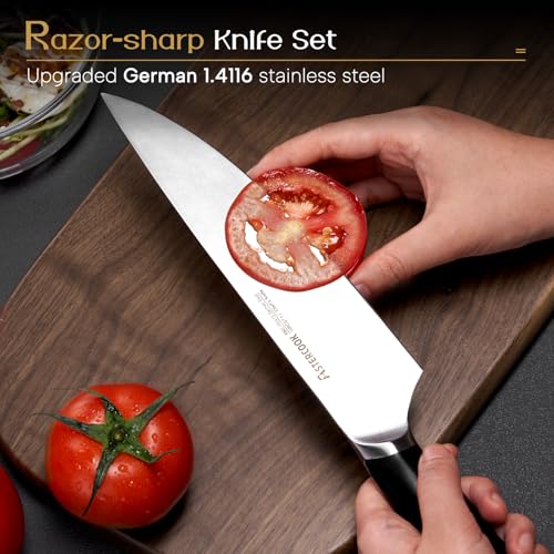 Astercook Knife Set, Kitchen Knives Set with Block and Dual Sharpener Full Tang 15 Pcs German Stainless Steel Knives Sharp Blade Dishwasher Safe Knife Set with Ergonomic Handle, Elegant Black - Image 2