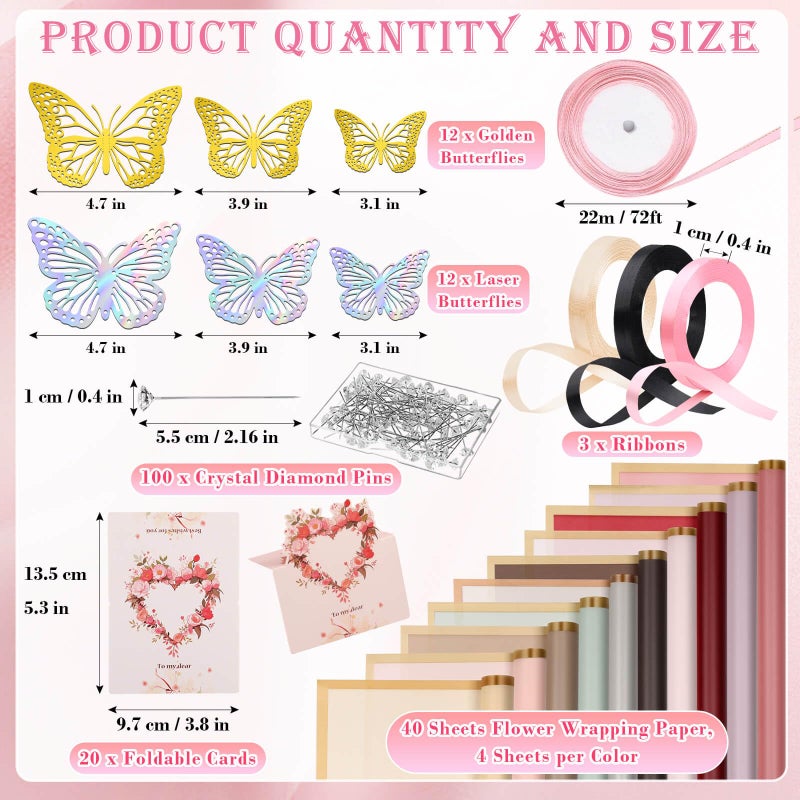 Thrilez 187PCS Flower Bouquet Wrapping Paper Kit Includes 40 Floral Paper, 24 Butterflies, 100 Bouquet Pins, 3 Ribbons and 20 Greeting Cards for Mother's Day Wedding Baby Shower Graduation - Image 3