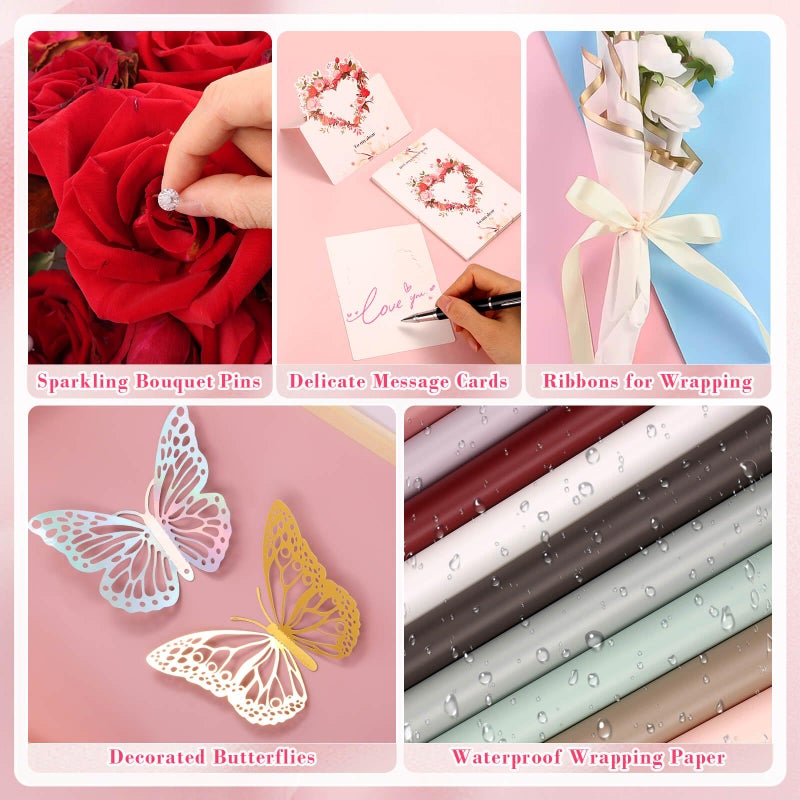 Thrilez 187PCS Flower Bouquet Wrapping Paper Kit Includes 40 Floral Paper, 24 Butterflies, 100 Bouquet Pins, 3 Ribbons and 20 Greeting Cards for Mother's Day Wedding Baby Shower Graduation - Image 5