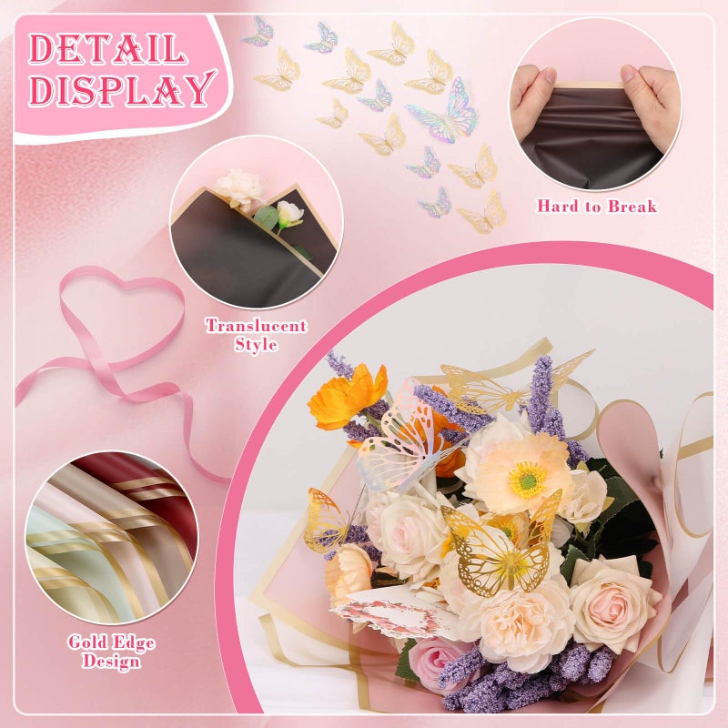 Thrilez 187PCS Flower Bouquet Wrapping Paper Kit Includes 40 Floral Paper, 24 Butterflies, 100 Bouquet Pins, 3 Ribbons and 20 Greeting Cards for Mother's Day Wedding Baby Shower Graduation - Image 4