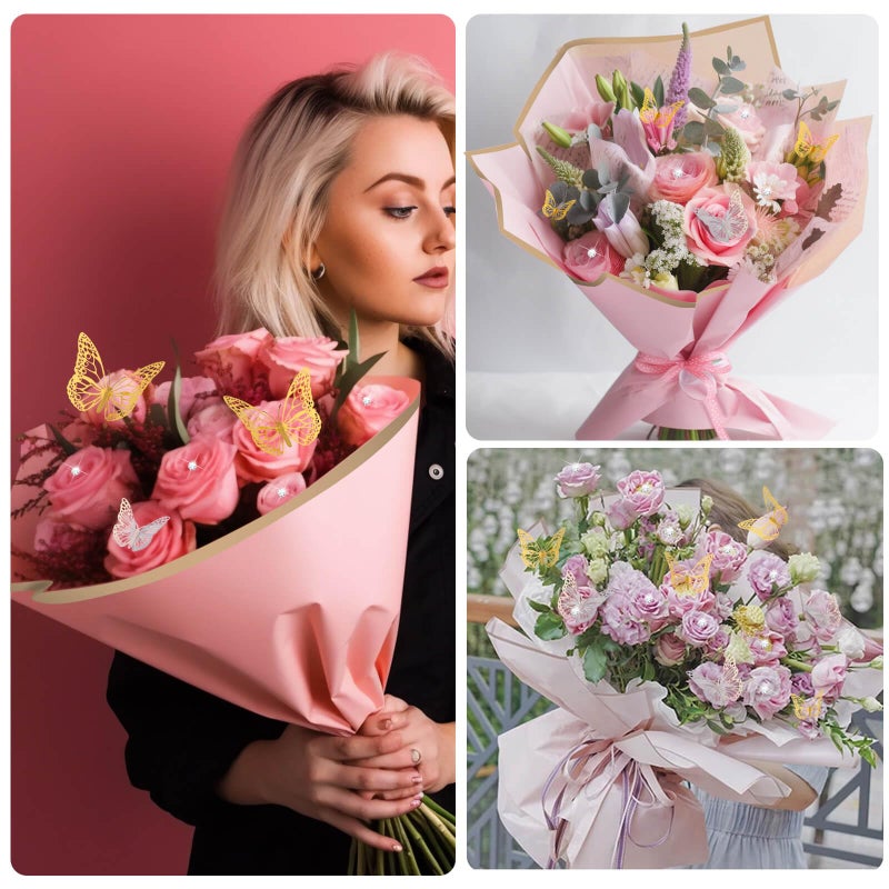Thrilez 187PCS Flower Bouquet Wrapping Paper Kit Includes 40 Floral Paper, 24 Butterflies, 100 Bouquet Pins, 3 Ribbons and 20 Greeting Cards for Mother's Day Wedding Baby Shower Graduation - Image 2