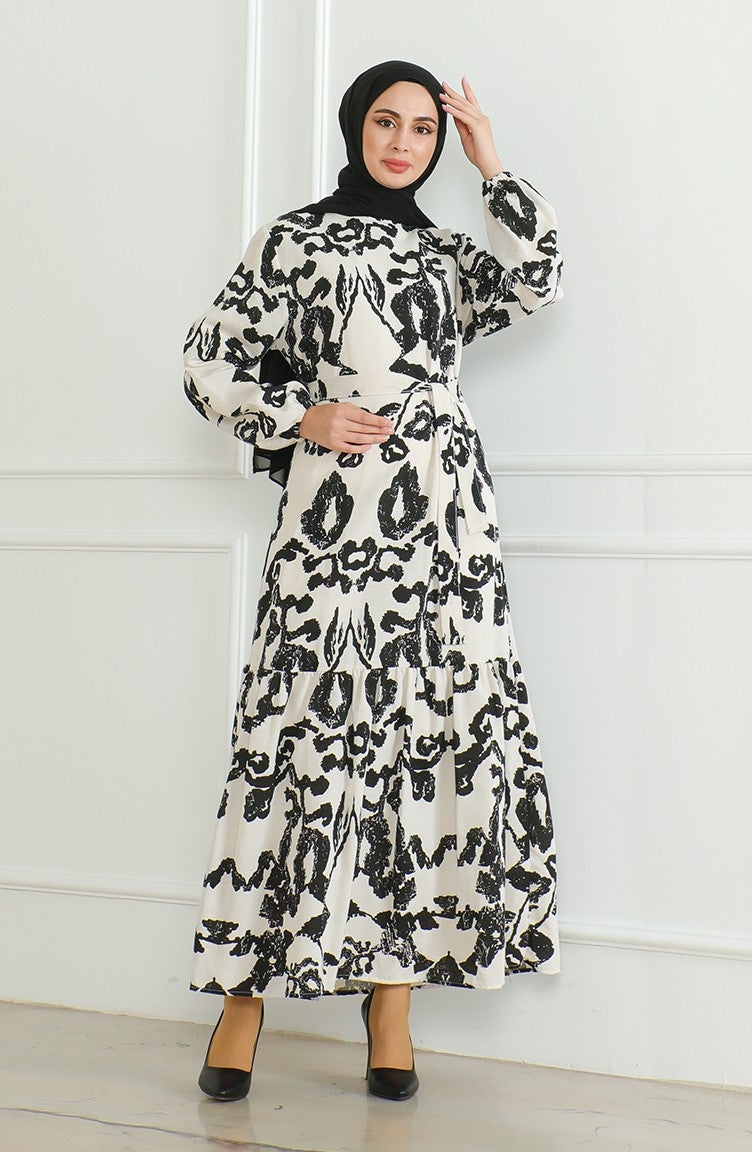 Sefa Merve Patterned Belted Linen Dress 0471D-02 Beige Black - Image 1