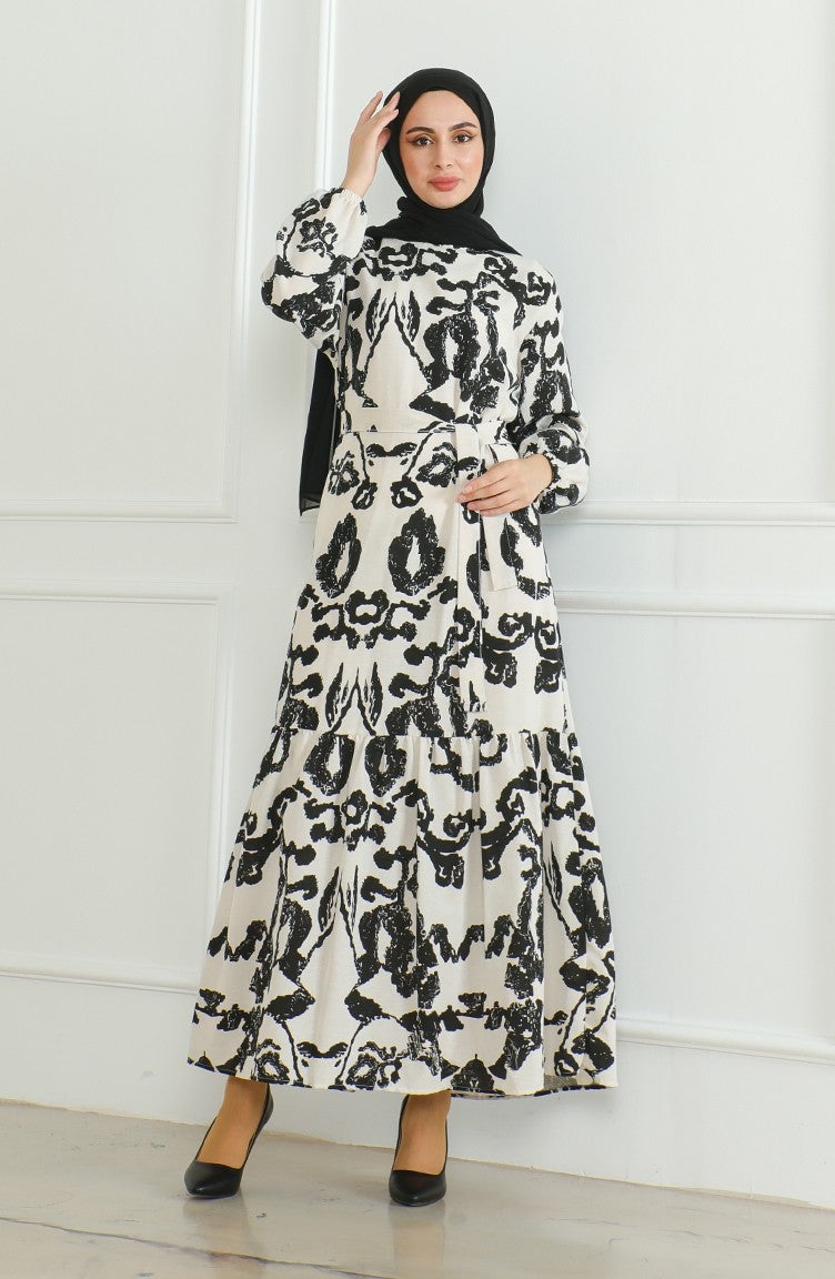 Sefa Merve Patterned Belted Linen Dress 0471D-02 Beige Black - Image 2