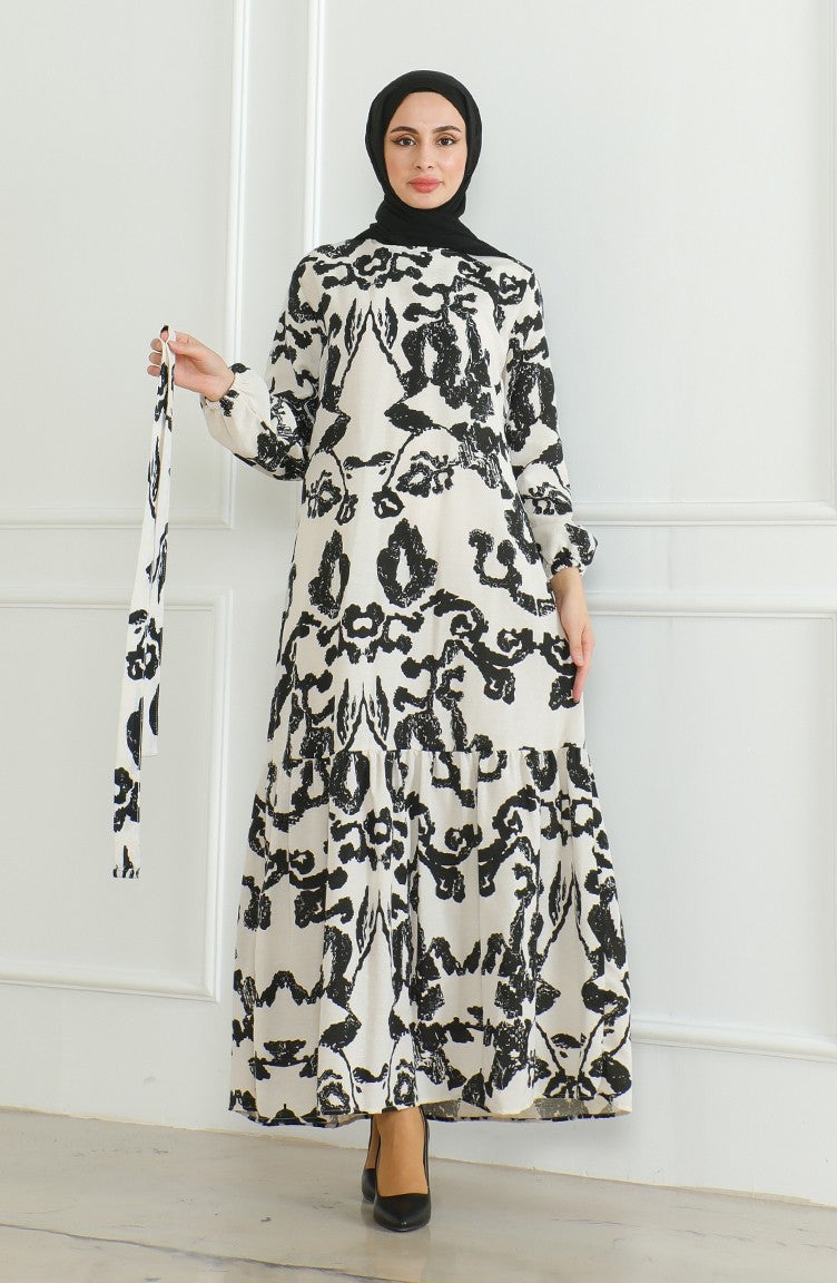 Sefa Merve Patterned Belted Linen Dress 0471D-02 Beige Black - Image 5