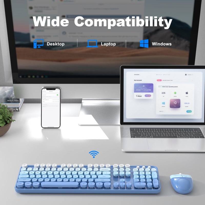MOFII Wireless Keyboard and Mouse Combo, Full Size 2.4G Plug and Play Typewriter Retro Round Computer Keyboard and Mouse Set for Windows, Computer, Desktop, PC, Notebook - (Blue Gradient) - Image 4