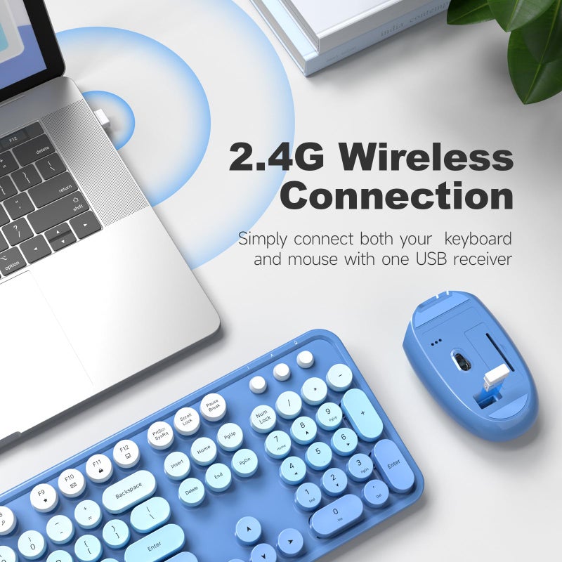 MOFII Wireless Keyboard and Mouse Combo, Full Size 2.4G Plug and Play Typewriter Retro Round Computer Keyboard and Mouse Set for Windows, Computer, Desktop, PC, Notebook - (Blue Gradient) - Image 2