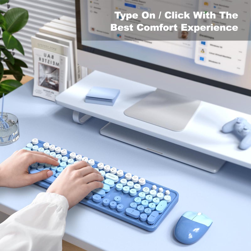MOFII Wireless Keyboard and Mouse Combo, Full Size 2.4G Plug and Play Typewriter Retro Round Computer Keyboard and Mouse Set for Windows, Computer, Desktop, PC, Notebook - (Blue Gradient) - Image 3