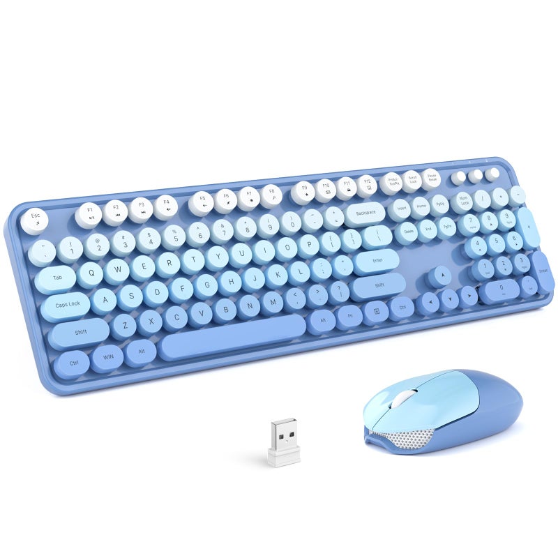MOFII Wireless Keyboard and Mouse Combo, Full Size 2.4G Plug and Play Typewriter Retro Round Computer Keyboard and Mouse Set for Windows, Computer, Desktop, PC, Notebook - (Blue Gradient) - Image 1