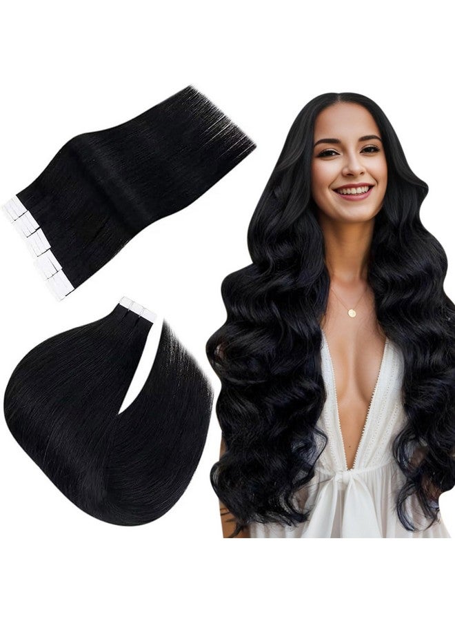 إيزي يوث شريط في وصلات الشعر شريط أسود نفاث في وصلات شعر بشري 16 بوصة 40 جرام 20 قطعة شريط سلس في وصلات شعر بشري حقيقي أسود - Image 1