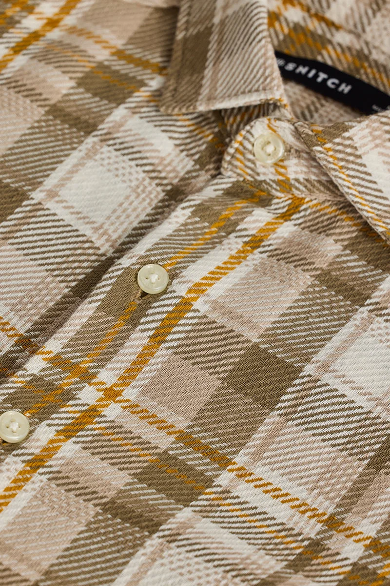 سنيتش Light Beige Checkered Long Sleeve Slim Fit Casual Shirt