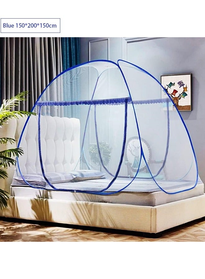 TAPIT Mosquito Net Yurt Mosquito Net Portable Mosquito Net Pop Up Bed Net Tent with Bottom Folding Design Bed Canopy Double Door Zip Portable Tent for Bedroom and Outdoor Trip (Blue 150*200*150cm) - Image 1