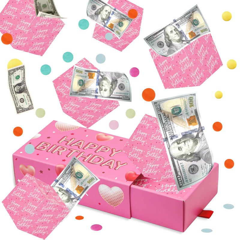 WenmthG Happy Birthday Surprise Gift Box Explosion for Money DIY Pop Out Folding Bounce Explosion Gift Box with Confetti Birthday Money Bank Cash Gift Idea for Women Men Kids Pink - Image 2