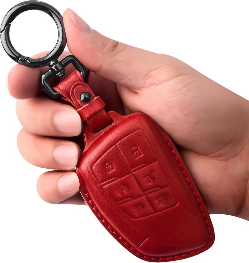 Tukellen غطاء مفتاح من الجلد الطبيعي من Tukellen حامل مفتاح ذكي غلاف مناسب لسيارات Chevy Chevrolet Colorado وEquinox وSilverado وGMC Canyon وSierra وTerrain وYukon Denali وSuburban وTahoe وBuick من 2021 إلى 2026 - أحمر - Image 1