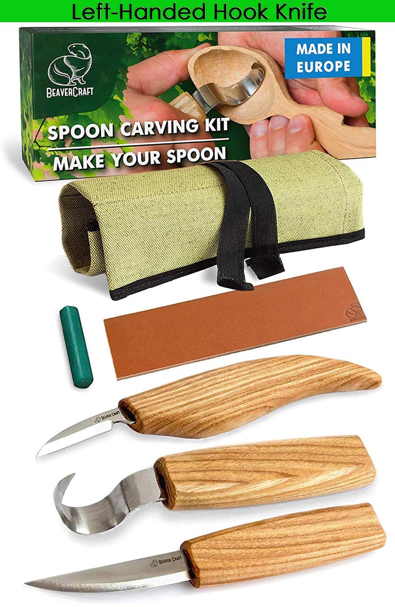 BeaverCraft S13L Wood Carving Tools Set for Spoon Carving 3 Knives in Tools Roll Leather Strop and Polishing Compound Hook Sloyd Detail Knife LeftHanded Spoon Carving Knives S13L LeftHanded