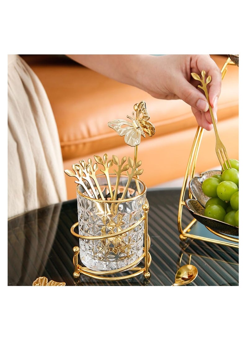 KASTWAVE Dessert Spoons Set, 6 Pcs Coffee Spoons and Forks with Glass Holder, Stainless Steel Gold Mini Tea Spoons Set for Fruit, Stirring, Mixing, Ice Cream, Cake - Image 1