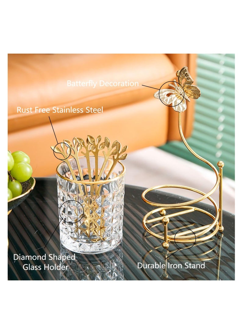 KASTWAVE Dessert Spoons Set, 6 Pcs Coffee Spoons and Forks with Glass Holder, Stainless Steel Gold Mini Tea Spoons Set for Fruit, Stirring, Mixing, Ice Cream, Cake - Image 2