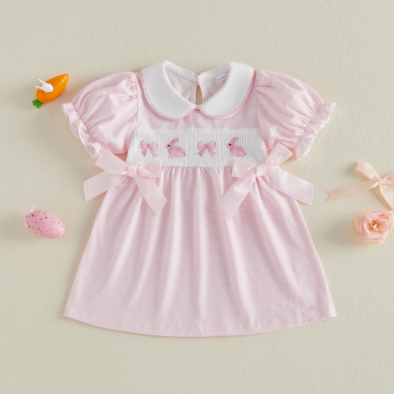 MoZiKQin Toddler Little Baby Girl Easter Outfit Bunny Embroidery Dress Short Sleeve Smocked Easter Dresses for Girls (Pink Striped Bunny Bow, 18-24 Months) - Image 3