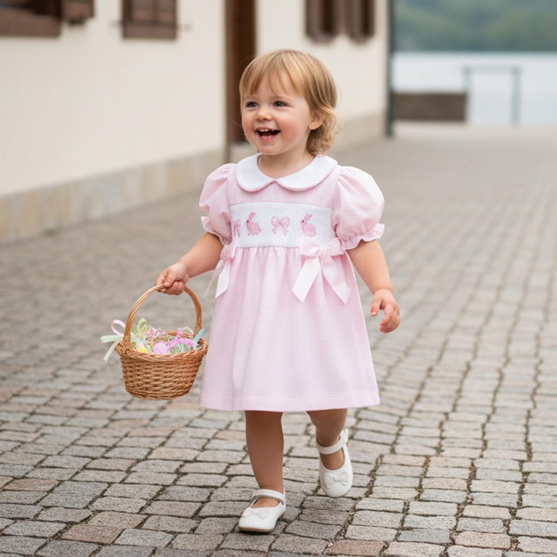 MoZiKQin Toddler Little Baby Girl Easter Outfit Bunny Embroidery Dress Short Sleeve Smocked Easter Dresses for Girls (Pink Striped Bunny Bow, 18-24 Months) - Image 2