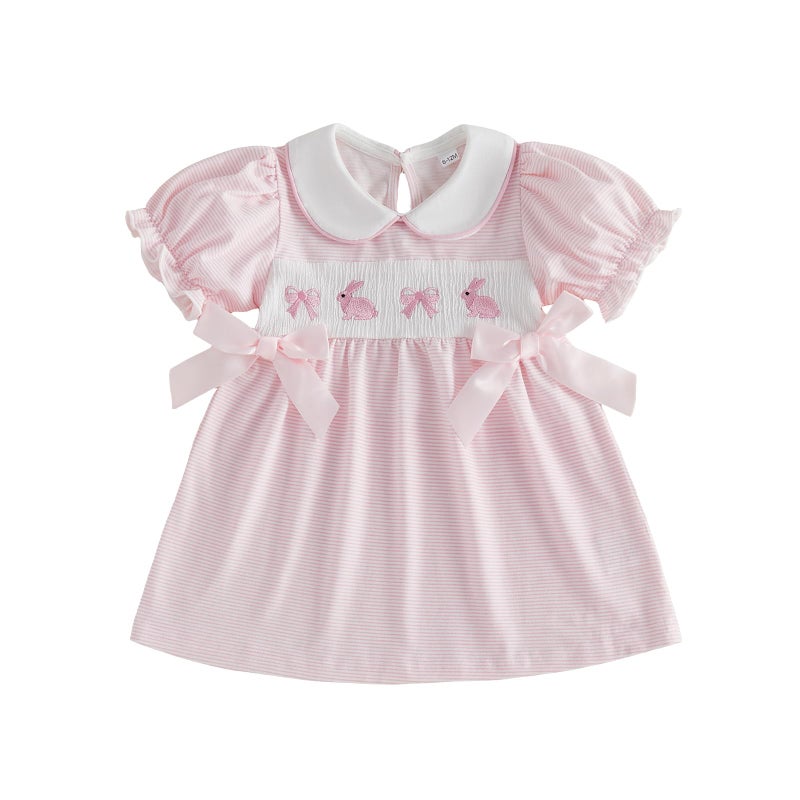 MoZiKQin Toddler Little Baby Girl Easter Outfit Bunny Embroidery Dress Short Sleeve Smocked Easter Dresses for Girls (Pink Striped Bunny Bow, 18-24 Months) - Image 1