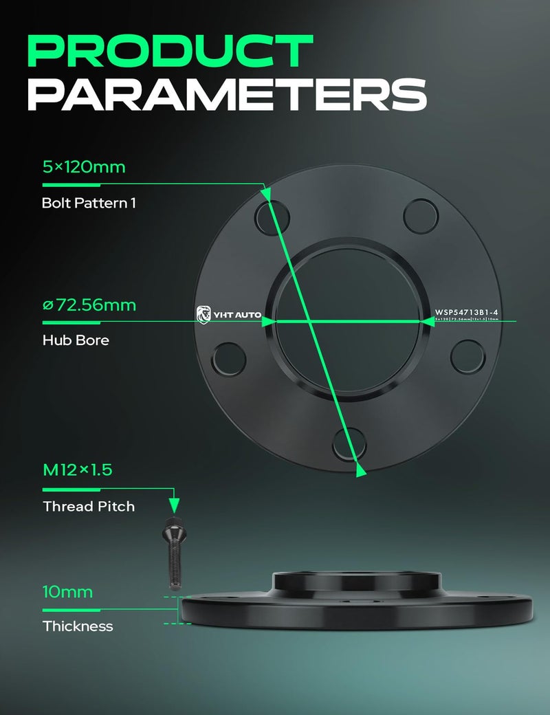 YHTAUTO 5x120 Hub Centric Wheel Spacers 10 mm Fits BMW 318i 318is 325i 325is 325xi 328i xDrive 330i 335i 525i 528i 530i, w/ M12x1.5 & 10.9 Grade Studs, 72.56 mm Hub Bore 5 Lug 4PCS Black Wheel Spacer - Image 4
