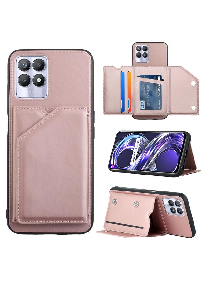 اس-توب جراب لهاتف OPPO Realme 8i مصنوع من الجلد PU + TPU + PC، جراب خلفي مقاوم للصدمات مع فتحات للبطاقات وحامل وإطار للصور - Image 1