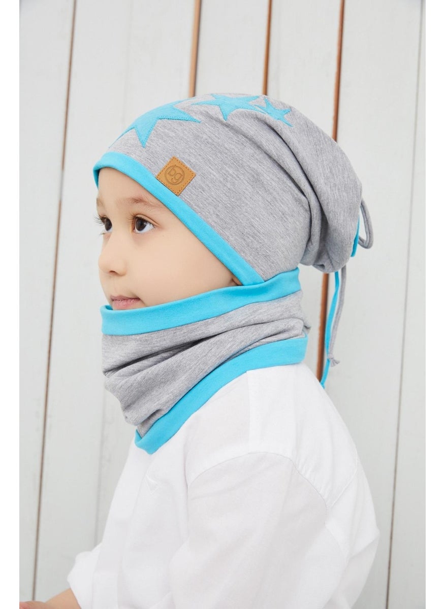 Babygiz - Boy's Gray Blue Starry Beret Neck Collar Set Soft Double Layer 100% Natural Cotton Combed Cotton - Image 1