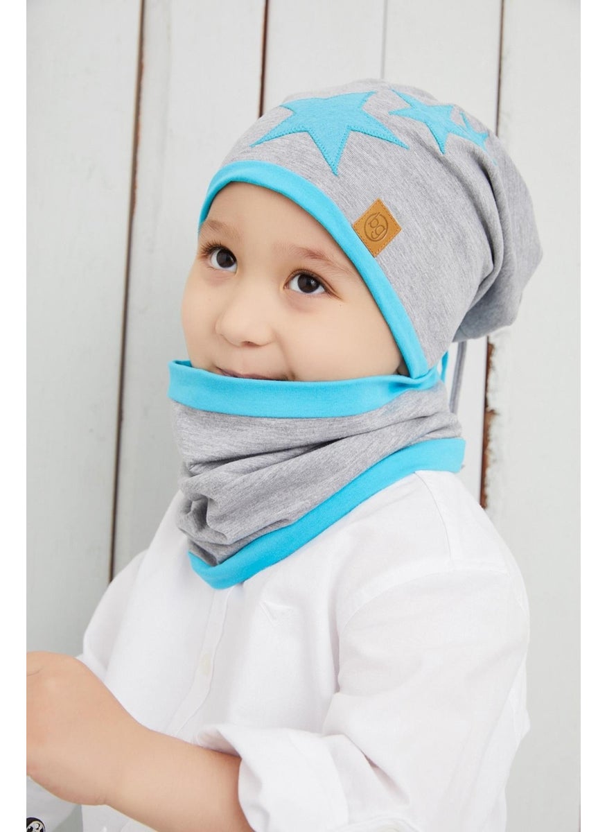 Babygiz - Boy's Gray Blue Starry Beret Neck Collar Set Soft Double Layer 100% Natural Cotton Combed Cotton - Image 1