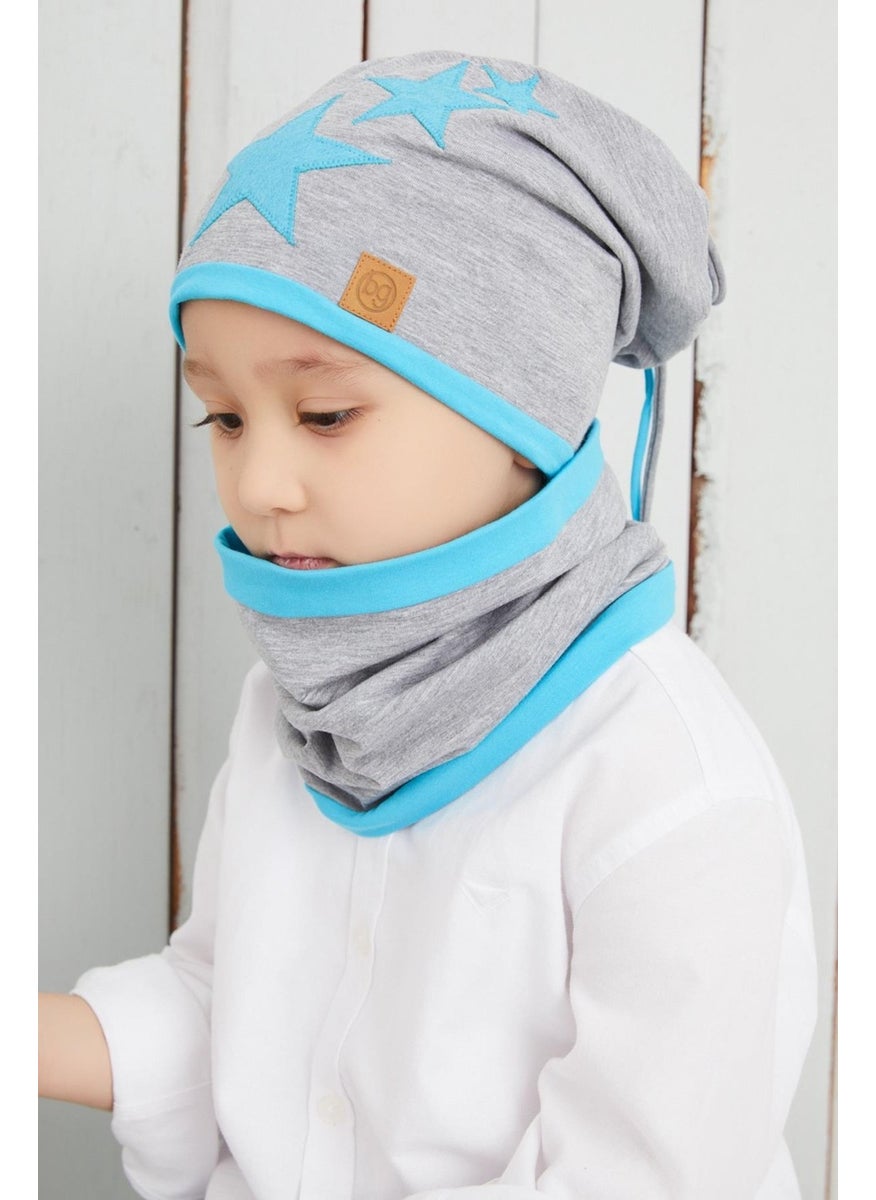 Babygiz - Boy's Gray Blue Starry Beret Neck Collar Set Soft Double Layer 100% Natural Cotton Combed Cotton - Image 1
