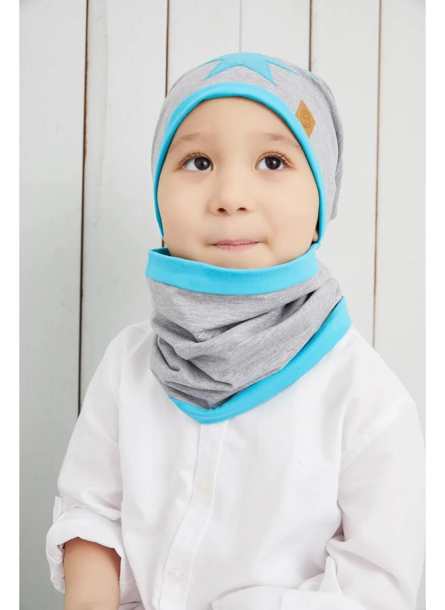 بيبيجيز Boy's Gray Blue Starry Beret Neck Collar Set Soft Double Layer 100% Natural Cotton Combed Cotton