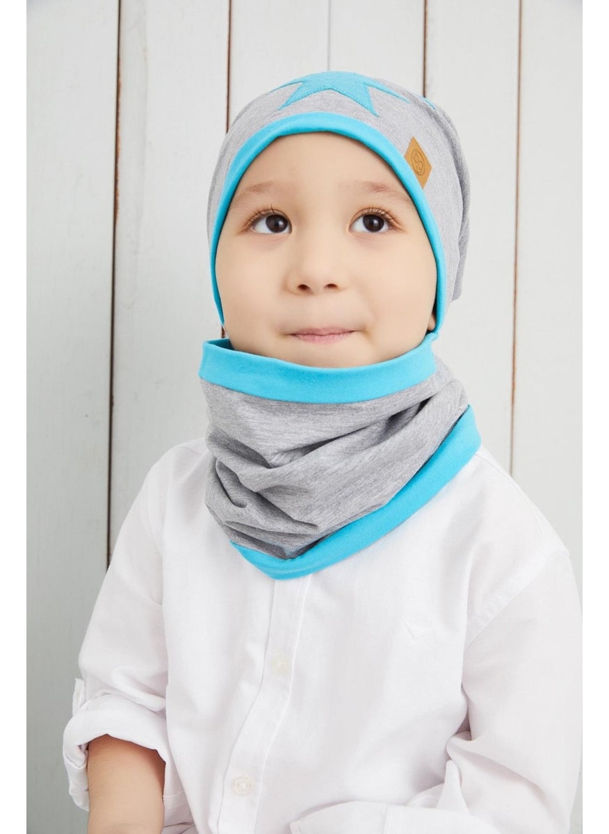 Babygiz - Boy's Gray Blue Starry Beret Neck Collar Set Soft Double Layer 100% Natural Cotton Combed Cotton - Image 1