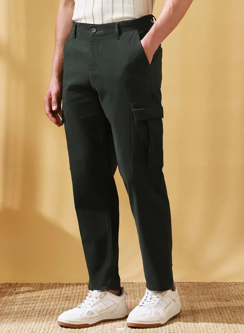 Dennis Lingo Men's Olive Green Cotton Blend Solid Full Length Cargo Straight Trouser