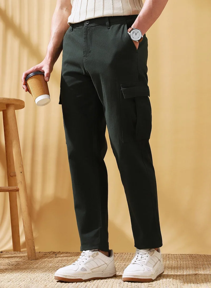 Dennis Lingo Men's Olive Green Cotton Blend Solid Full Length Cargo Straight Trouser