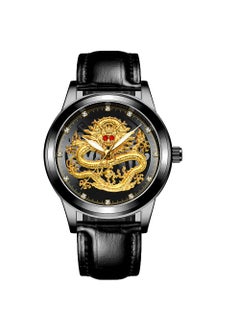Fenzun embossed golden dragon watch mens waterproof non-mechanical watch mens diamond-embedded red treasure Stone Dragon face Fashion middle-aged and elderly watch Black leather-black shell-black surface