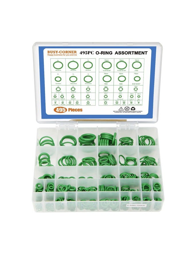 BUSY-CORNER 495 Pieces SAE Metric O Ring Kit with O-Ring Pick & Installation Tools Rubber Washer Orings for A/C Professional Plumbing Automotive(Green Green) - Image 1