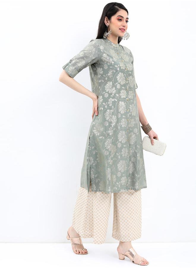 Vishudh Floral Printed Band Collar A-Line Kurta by Styli  - Image 5