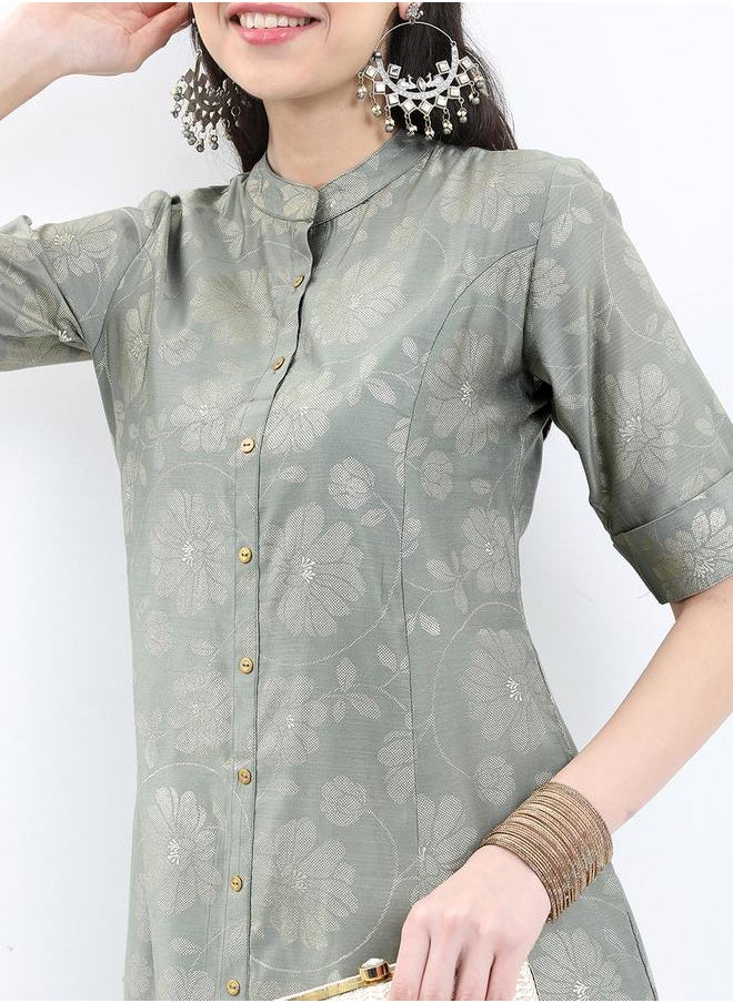 Vishudh Floral Printed Band Collar A-Line Kurta by Styli  - Image 4