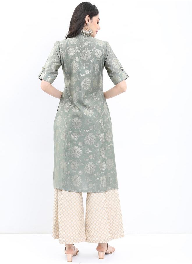 Vishudh Floral Printed Band Collar A-Line Kurta by Styli  - Image 3
