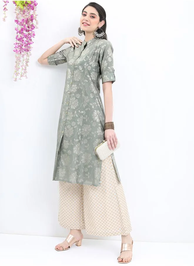 Vishudh Floral Printed Band Collar A-Line Kurta by Styli