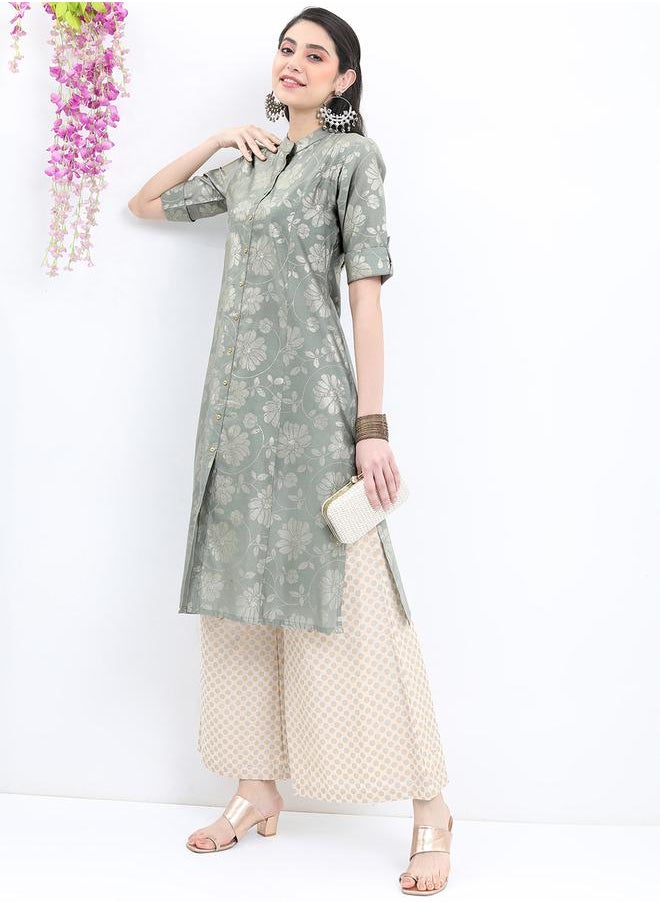Vishudh Floral Printed Band Collar A-Line Kurta by Styli  - Image 2