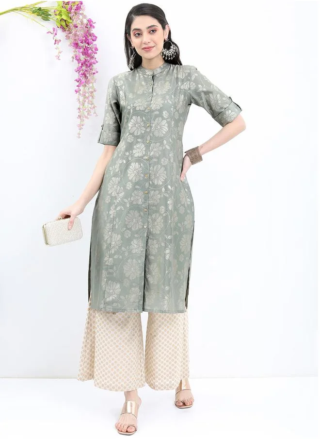 Vishudh Floral Printed Band Collar A-Line Kurta by Styli