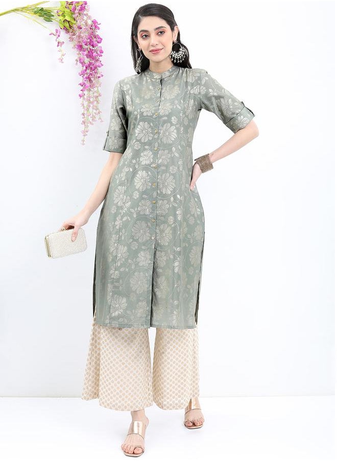 Vishudh Floral Printed Band Collar A-Line Kurta by Styli  - Image 1