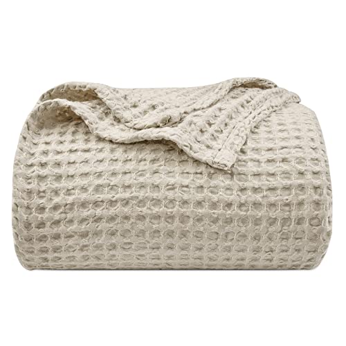 PHF Ultra Soft Waffle Weave Blanket Queen Size 90x 90 Washed Lightweight Breathable Cozy Woven Blanket for Bed Aesthetic Decor for Couch Bedding Sofa Home Car Light KhakiLinen - Image 1