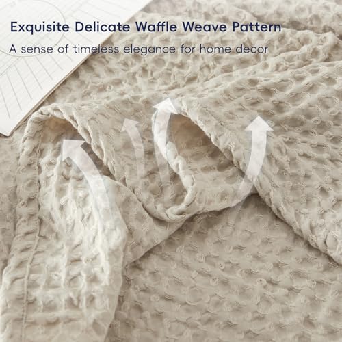 PHF Ultra Soft Waffle Weave Blanket Queen Size 90x 90 Washed Lightweight Breathable Cozy Woven Blanket for Bed Aesthetic Decor for Couch Bedding Sofa Home Car Light KhakiLinen - Image 3