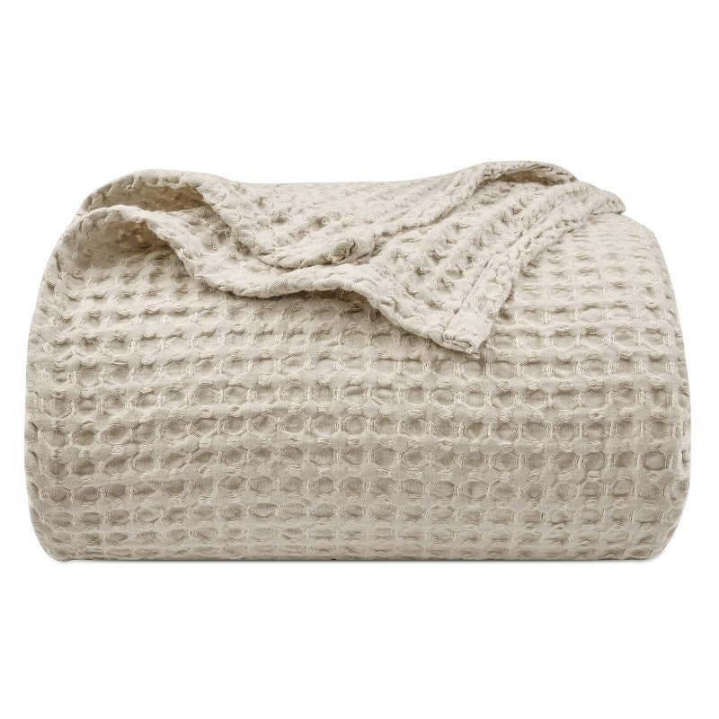 PHF Ultra Soft Waffle Weave Blanket Queen Size 90x 90 Washed Lightweight Breathable Cozy Woven Blanket for Bed Aesthetic Decor for Couch Bedding Sofa Home Car Light KhakiLinen - Image 2
