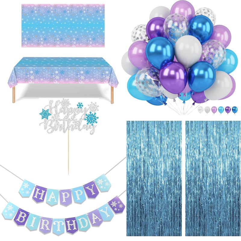 BAHABY 55 Pcs Frozen Birthday Party Decorations Frozen Party Supplies, Snowflake Happy Birthday Banner + Table Cover + Tinsel Foil Fringe + Cake Topper + Balloons - Image 1